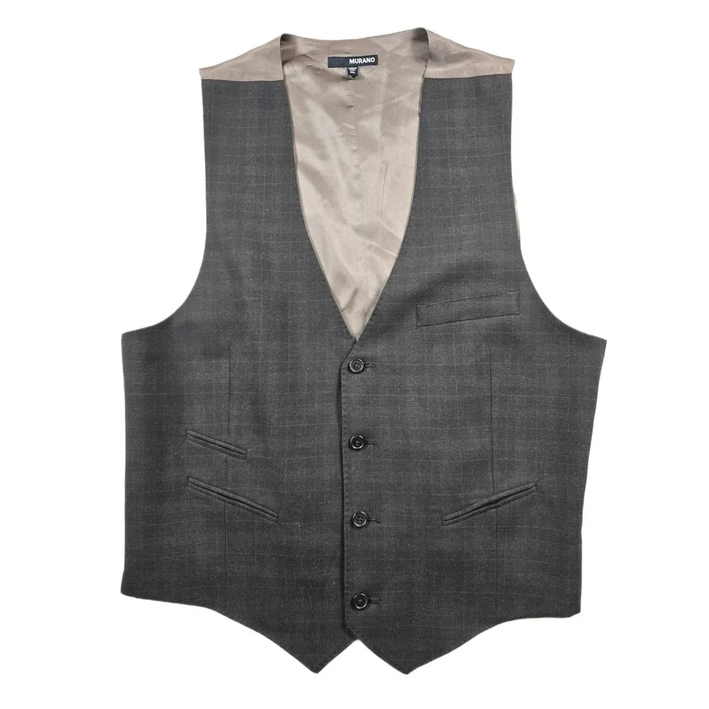 Murano Suit Vest Mens XL Charcoal Brown Windowpane Plaid Waistcoat